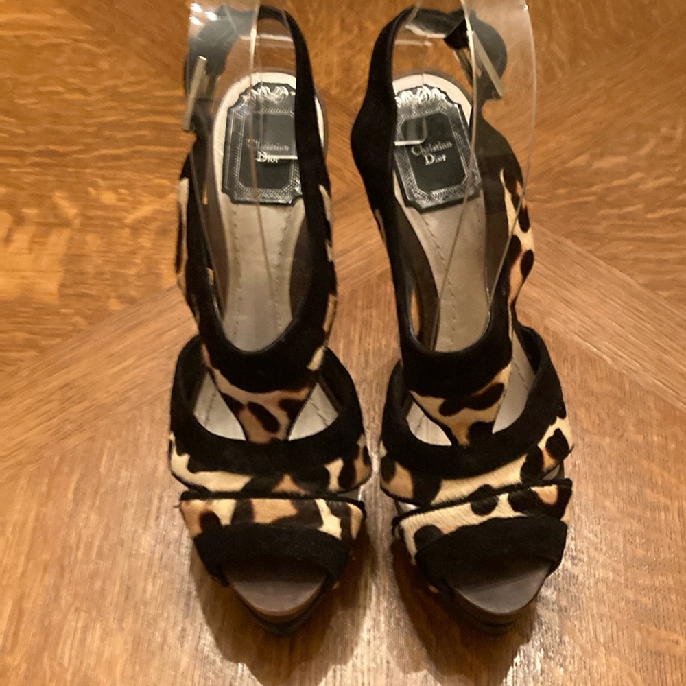 Dior Leopard Print Black & Tan Suede Slingback Heels